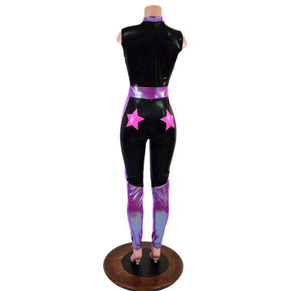 Bolts and Stars Zipper Front Color Blocked Catsuit