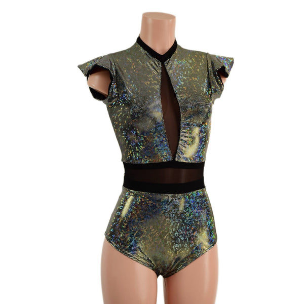 Silver Kaleidoscope Romper with Inset Mesh Keyhole Neckline - 2