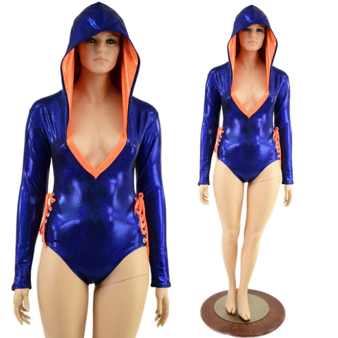 Blue and Orange Hooded Romper with Lace Up Hips - Coquetry Clothing