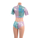 3PC Color Split Crop, Double Ruffle Mini Skirt, and Cheeky Booty Shorts Set - Coquetry Clothing