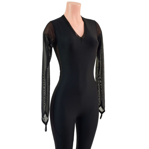 Long Sleeve, Mesh Side Panel Catsuit with Fingerloops