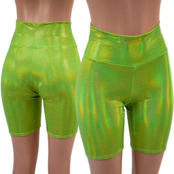 High Waist Bike Shorts in Neon Lime Holographic