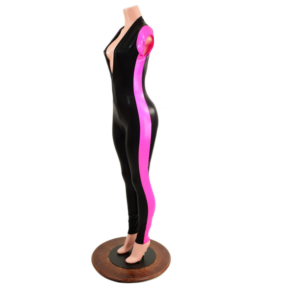 Black Mystique Side Panel Catsuit with Plunging V Neckline - 5