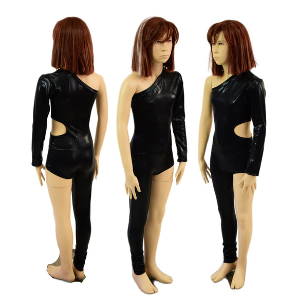 Girls Asymmetrical Black Mystique Catsuit with Cutout