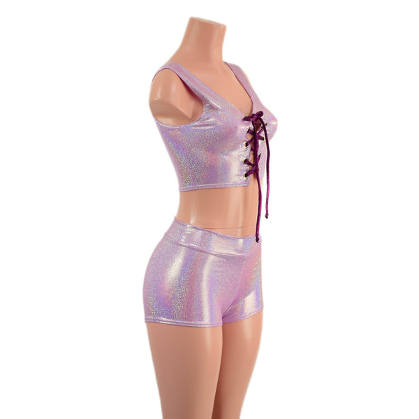 Lilac and Fuchsia Laceup Mini Crop Tank and Midrise Shorts Set - 2