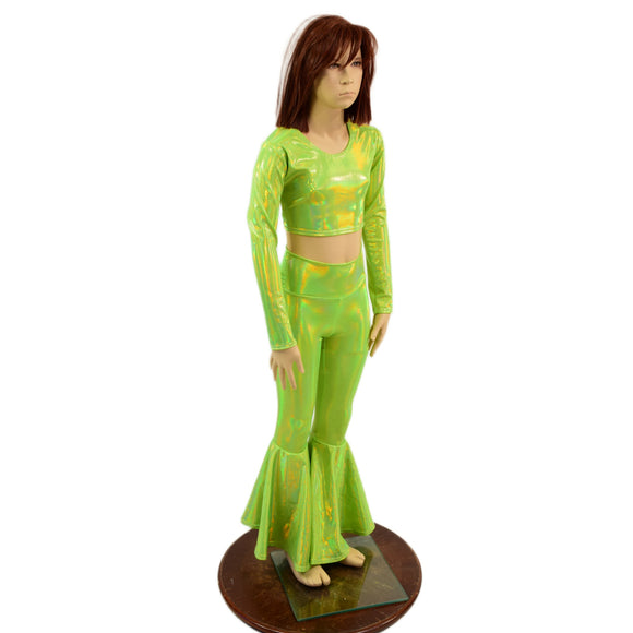 Girls Neon Lime Holographic Bell Bottoms and Long Sleeve Crop Top Set