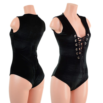 Black Velvet Sleeveless Romper with Plunging Laceup Neckline