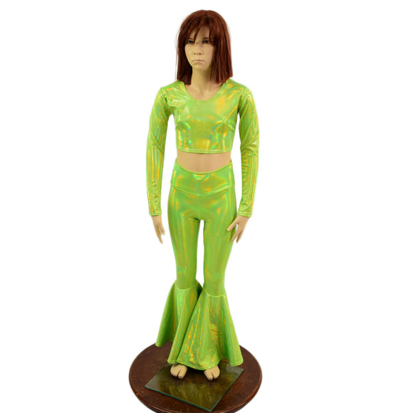 Girls Neon Lime Holographic Bell Bottoms and Long Sleeve Crop Top Set