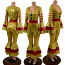 Gold Klown Jumpsuit with Green Stars and Red Stripes, Triple Tier Ruffled Bells-1