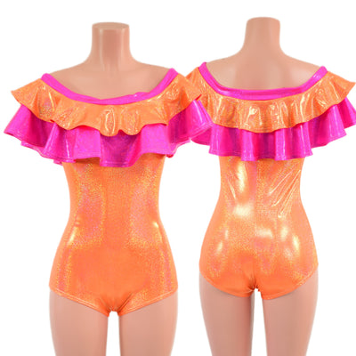 Off Shoulder Double Ruffle Romper with Boy Cut Leg