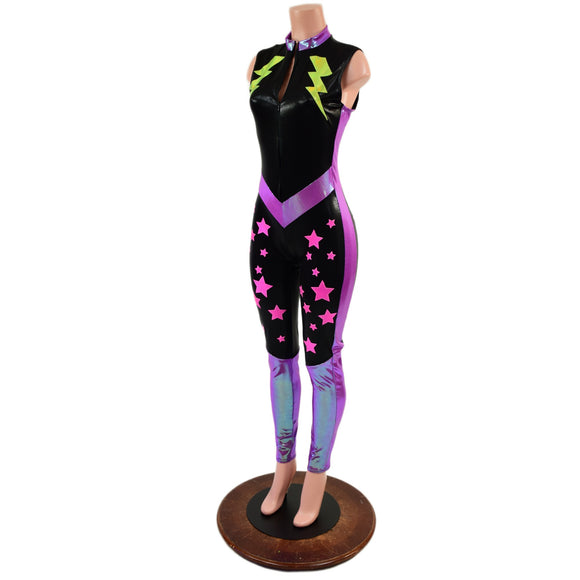 Bolts and Stars Zipper Front Color Blocked Catsuit