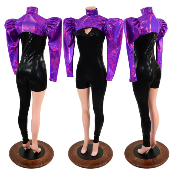 Asymmetrical Black Mystique Catsuit Set with Grape Holo Victoria Sleeve Bolero