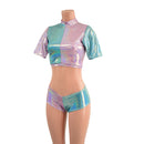 3PC Color Split Crop, Double Ruffle Mini Skirt, and Cheeky Booty Shorts Set - Coquetry Clothing