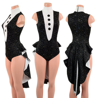 Sleeveless Faux Tux Romper with Tails, Tie, and Turtleneck