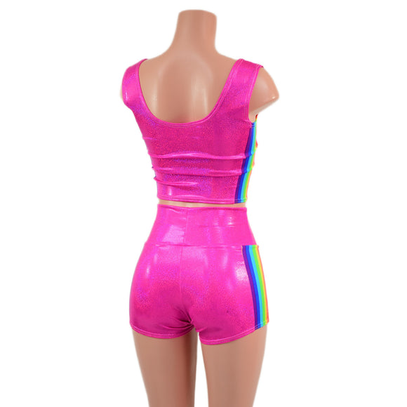 Neon Pink Sparkly Jewel Crop Tank and High Waist Shorts Set with Retro Rainbow Side Panels