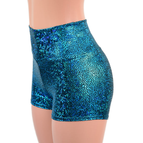 Ready To Ship Turquoise Shattered Glass High Waist Shorts