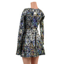 Silver on Black Cracked Tiles Long Sleeve Skater Dress-6