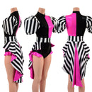 2PC Quad Color Blocked Romper with Short, Banded, Victoria Sleeves AND Tux Back Belt-1