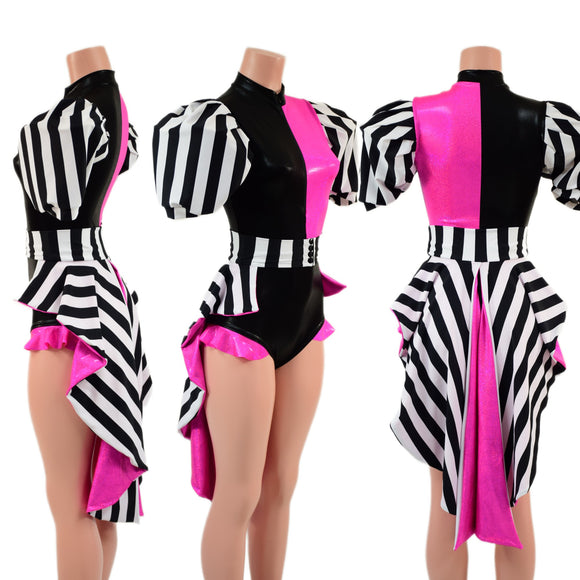2PC Quad Color Blocked Romper with Short, Banded, Victoria Sleeves AND Tux Back Belt
