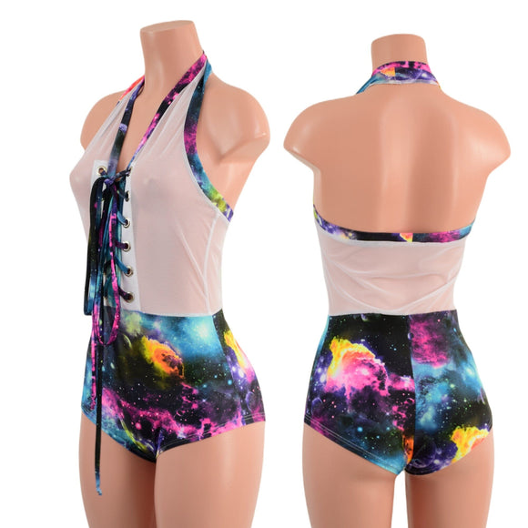 Mesh & Galaxy Sheer Bella Romper with Siren Cut Leg - Coquetry Clothing