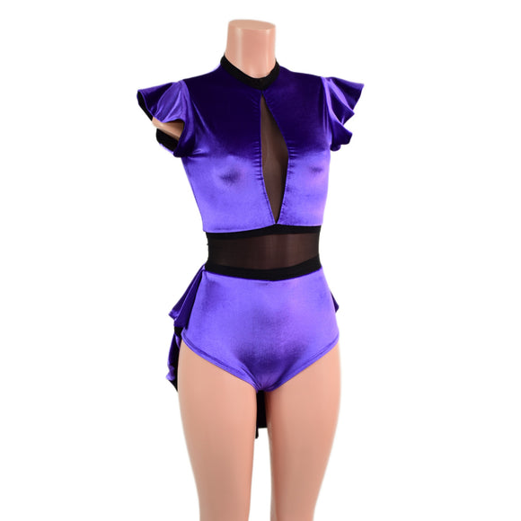 Purple Velvet Romper with Inset Mesh Keyhole Neckline and Mini Tux Back Tails