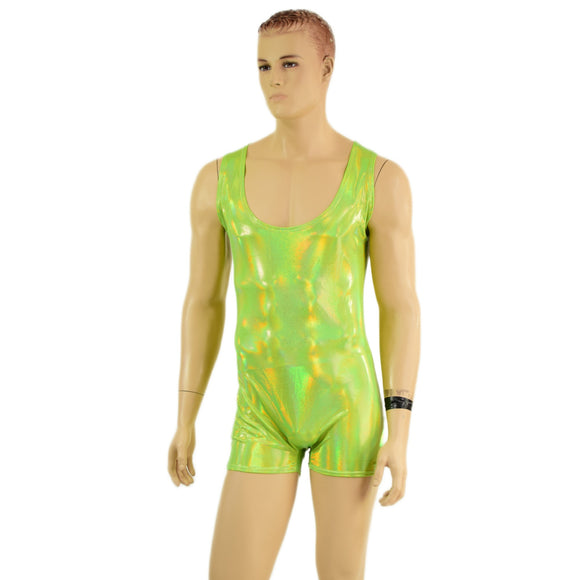Mens Neon Lime Holographic Singlet Romper