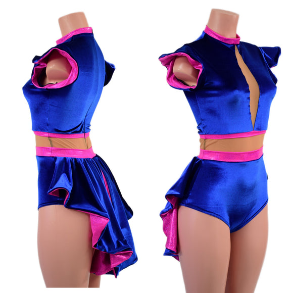 Pink and Blue Mini Tuxedo Back Romper with Inset Mesh Keyhole