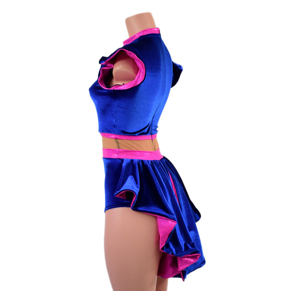 Pink and Blue Mini Tuxedo Back Romper with Inset Mesh Keyhole