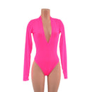 Sheer Neon Pink Mesh Long Sleeve Brazilian Romper with Plunging V Neckline-6