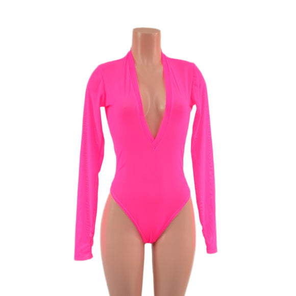 Sheer Neon Pink Mesh Long Sleeve Brazilian Romper with Plunging V Neckline