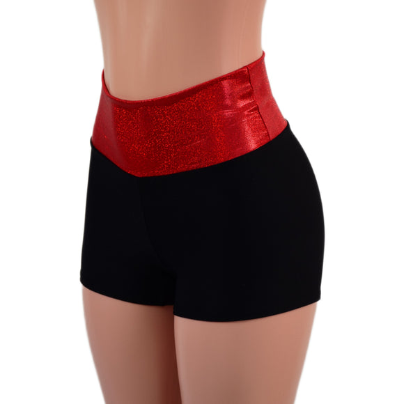 Black Zen High Waist Shorts with Red Sparkly Jewel Waistband