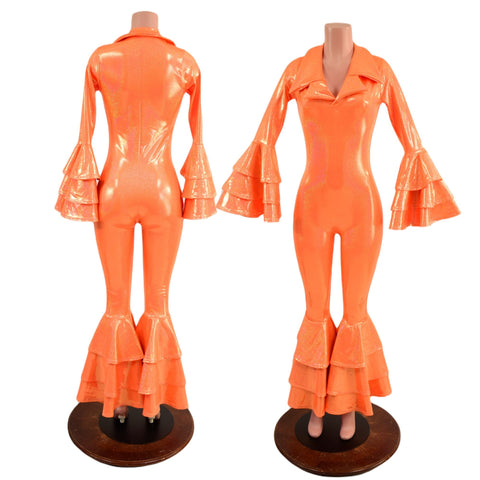 Dancing Queen Multi Tiered Bell Bottom Catsuit in Neon Orange Sparkly Jewel - Coquetry Clothing