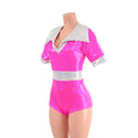 Neon Pink Romper with Banded Tee Sleeves, Disco Collar, and Contrast Waistband - 6