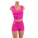 Neon Pink Sparkly Jewel Crop Tank and High Waist Shorts Set with Retro Rainbow Side Panels-4