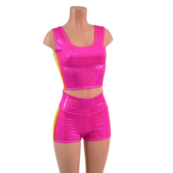 Neon Pink Sparkly Jewel Crop Tank and High Waist Shorts Set with Retro Rainbow Side Panels