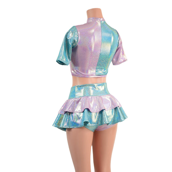 3PC Color Split Crop, Double Ruffle Mini Skirt, and Cheeky Booty Shorts Set - Coquetry Clothing