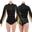Star Noir Romper with Inset Mesh Keyhole and Waistband, and Gold Fringed Sleeves-1