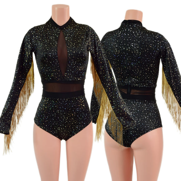 Star Noir Romper with Inset Mesh Keyhole and Waistband, and Gold Fringed Sleeves