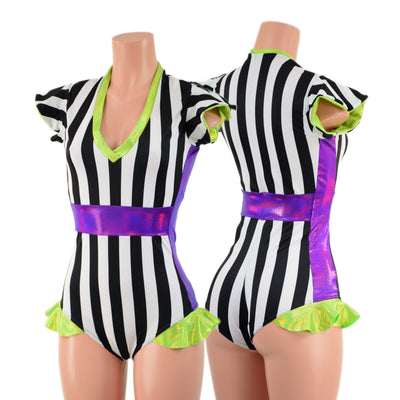 Black and White Striped Romper with Lime and Grape Trim