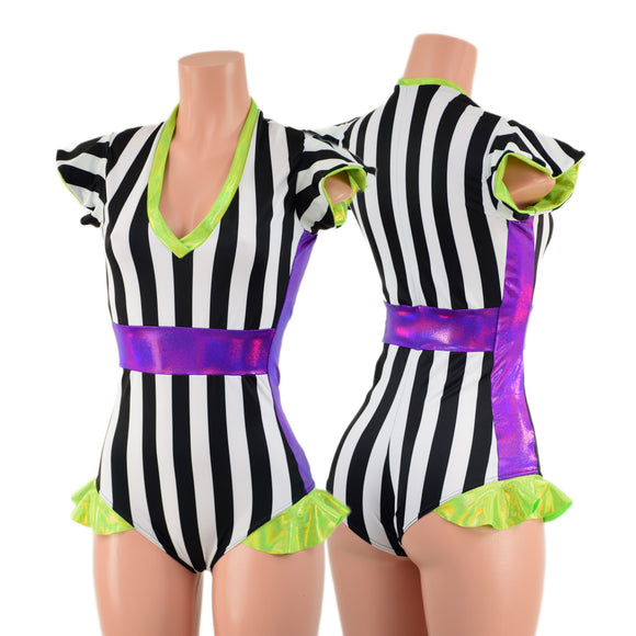 Black and White Striped Romper with Lime and Grape Trim