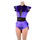 Purple Velvet Romper with Inset Mesh Keyhole Neckline and Mini Tux Back Tails-2