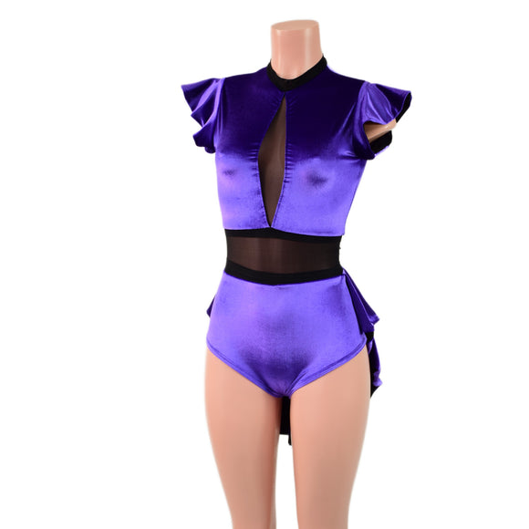 Purple Velvet Romper with Inset Mesh Keyhole Neckline and Mini Tux Back Tails