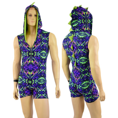 Mens Neon Melt Sleeveless Dragon Hooded Romper with Zipper