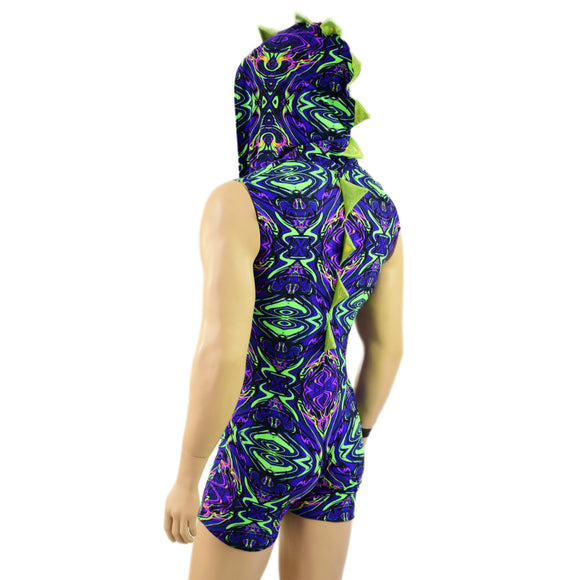 Mens Neon Melt Sleeveless Dragon Hooded Romper with Zipper