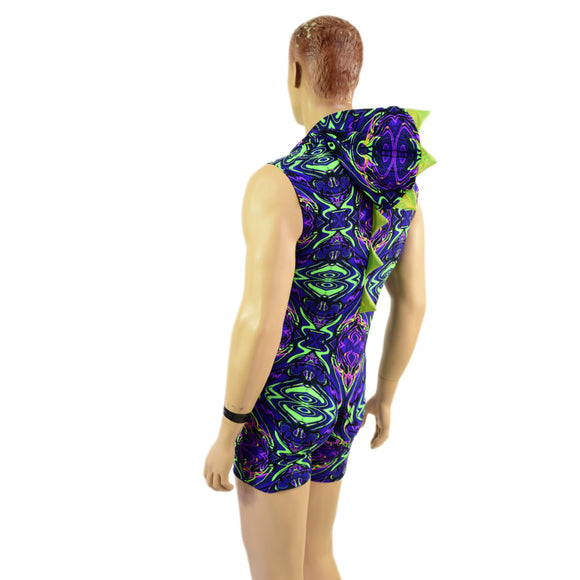 Mens Neon Melt Sleeveless Dragon Hooded Romper with Zipper