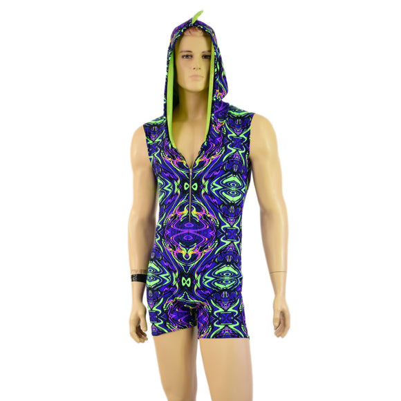 Mens Neon Melt Sleeveless Dragon Hooded Romper with Zipper