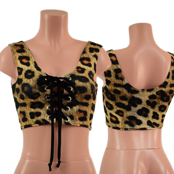 Mini Lace Up Front Crop Tank in Leopard Print