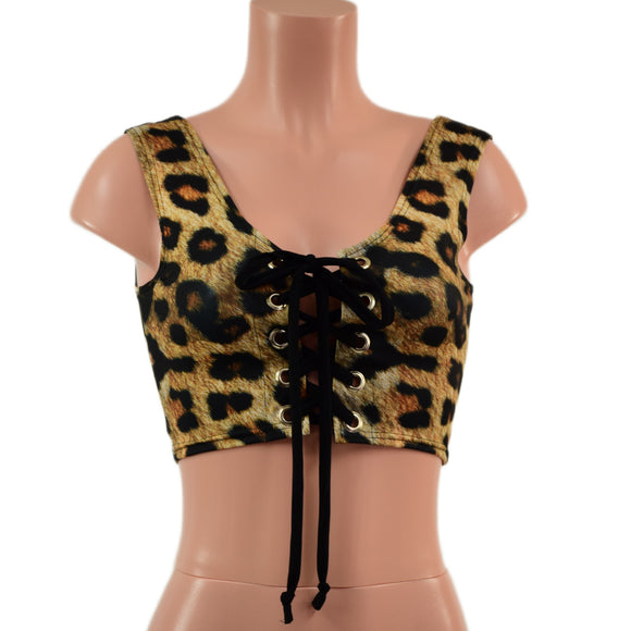 Mini Lace Up Front Crop Tank in Leopard Print