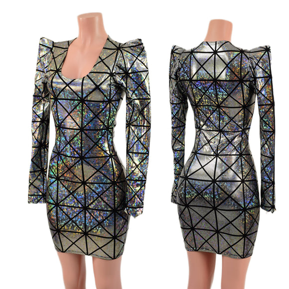 Cracked Tiles Sharp Shoulder Dress with Scoop Neckline