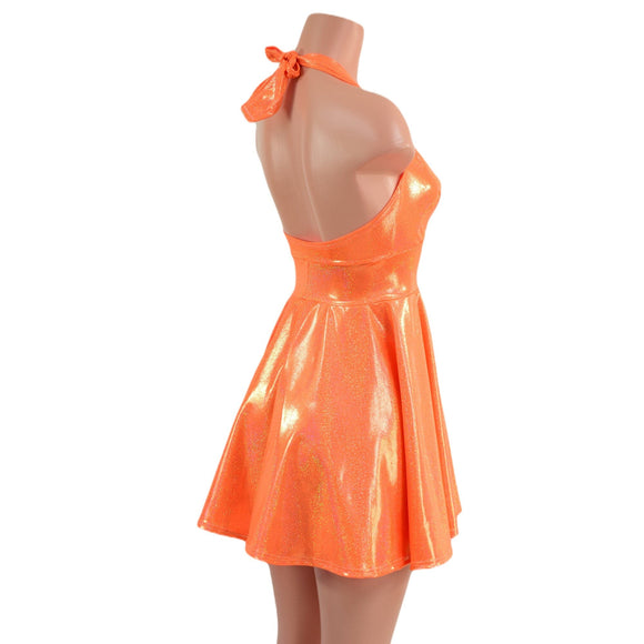 Neon Orange Sparkly Jewel Halter Skater Dress - Coquetry Clothing